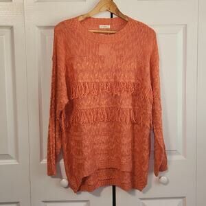 ANDTHEWHY Women's Orange Semi-sheer Fringe Long Sleeve Sweater Size Med/LG NWT